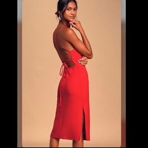 Sultry Red Lace Up Midi Dress from Lulus